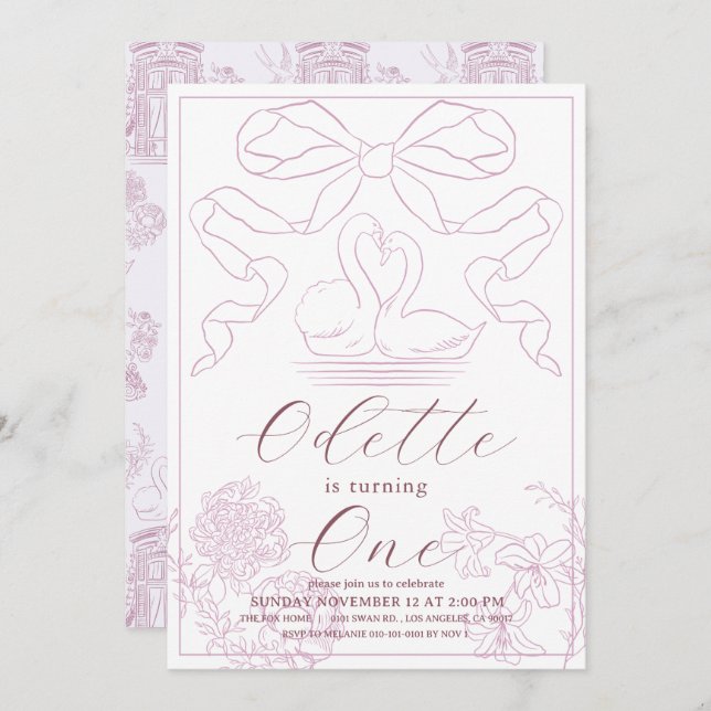 Swan Pink Toile de Jouy Girl 1st Birthday Invitation (Front/Back)