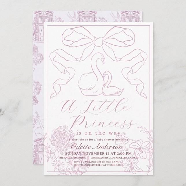Swan Pink Toile de Jouy Girl Baby Shower Invitation (Front/Back)