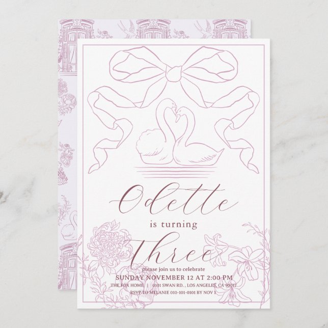 Swan Pink Toile de Jouy Girl Birthday Invitation (Front/Back)