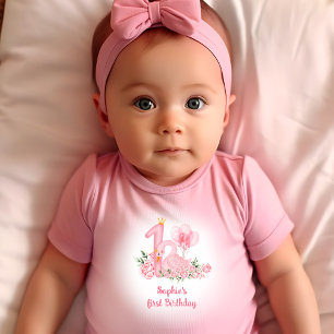 Swan Pink White Floral Name Girl 1st Birthday Baby T-Shirt