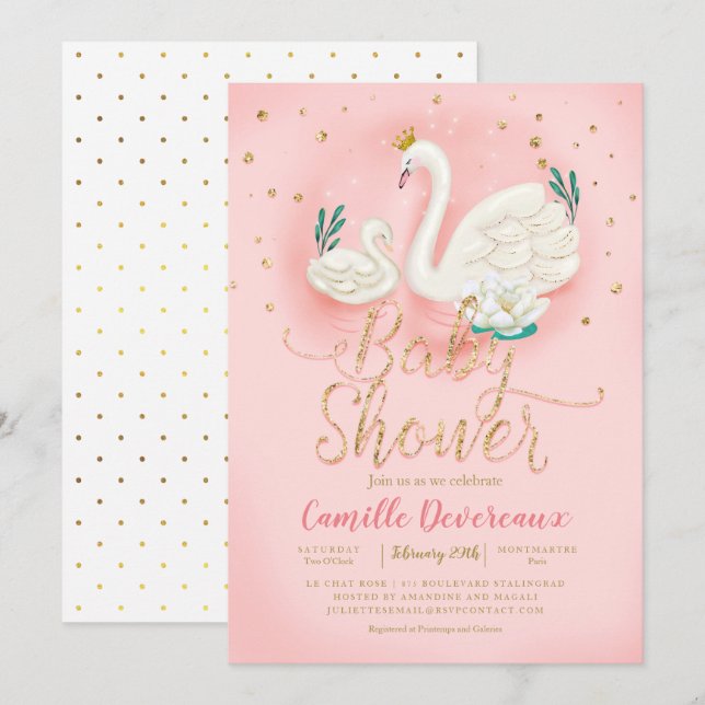 Swan Pond Gold Glitter Pink Baby Shower Invitation (Front/Back)