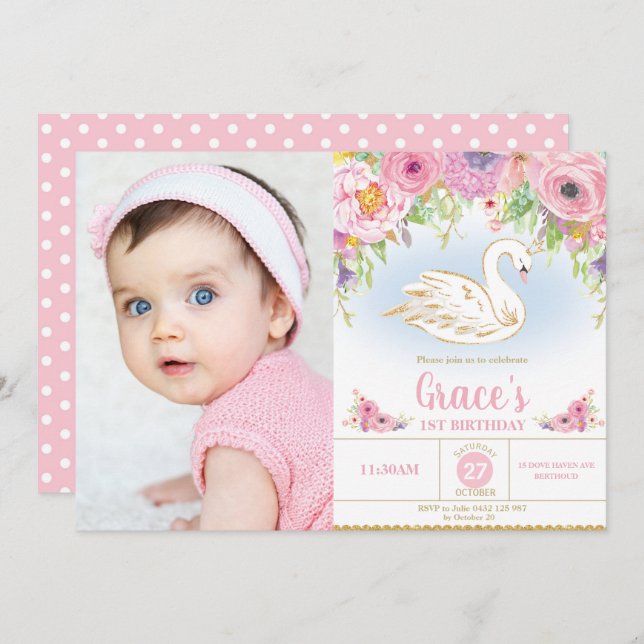 Swan Princess Birthday Floral Girl Photo Invitation (Front/Back)
