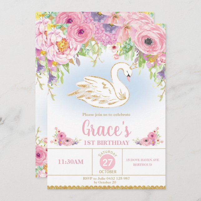 Swan Princess Birthday Invitation Floral Girl (Front/Back)