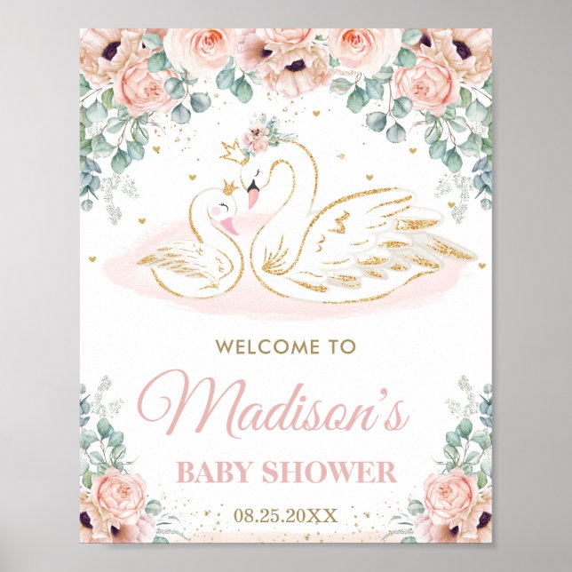 Swan Princess Blush Floral Baby Shower Welcome   Poster (Front)
