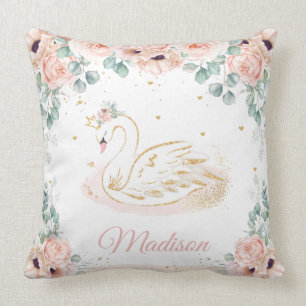 Swan Princess Blush Peach Pink Floral Greenery Cushion