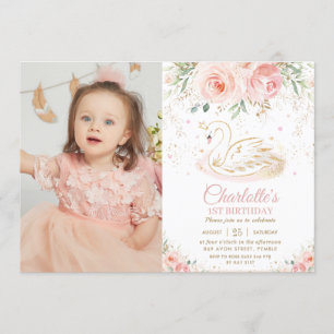 Swan Princess Blush Pink Floral 1st Birthday Photo Invitation