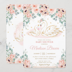 Swan Princess Blush Pink Poppy Floral Baby Shower  Invitation