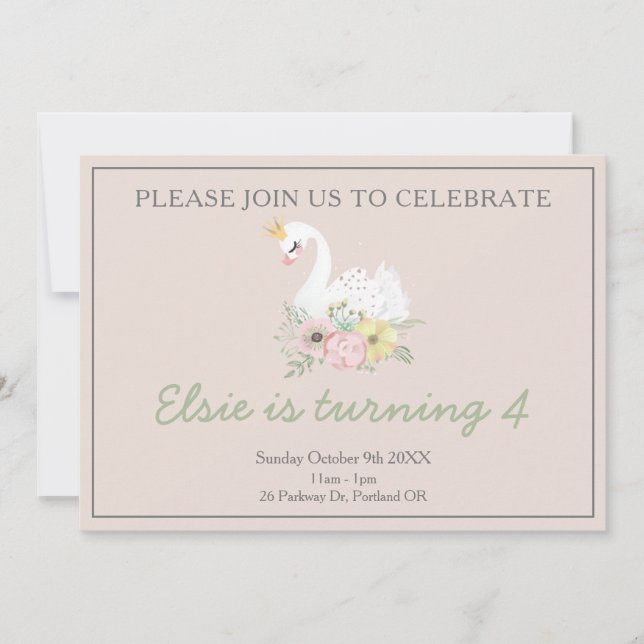 swan princess cute pink girly birthday invitation (Front)