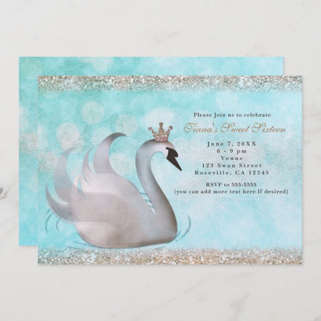Swan Princess Glitter Birthday Party Invitations (Front/Back)