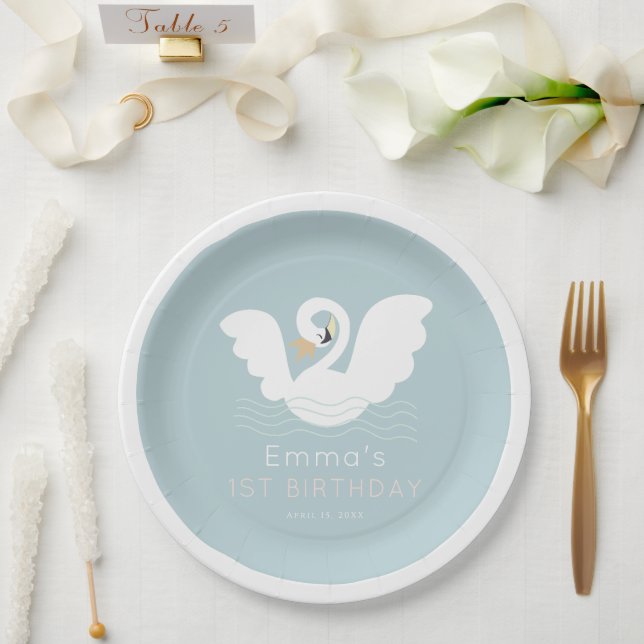 Swan Princess Modern Blue Girl Birthday Paper Plate (Wedding)
