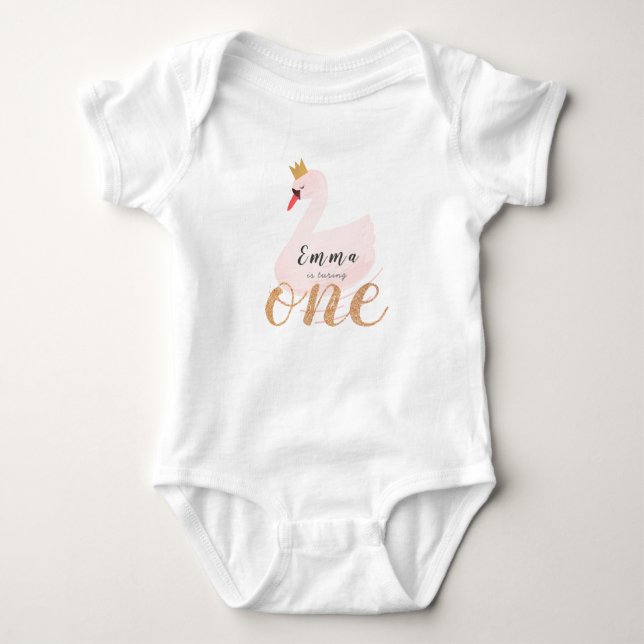 Swan Princess Pink Girl 1st Birthday Baby Bodysuit (Front)