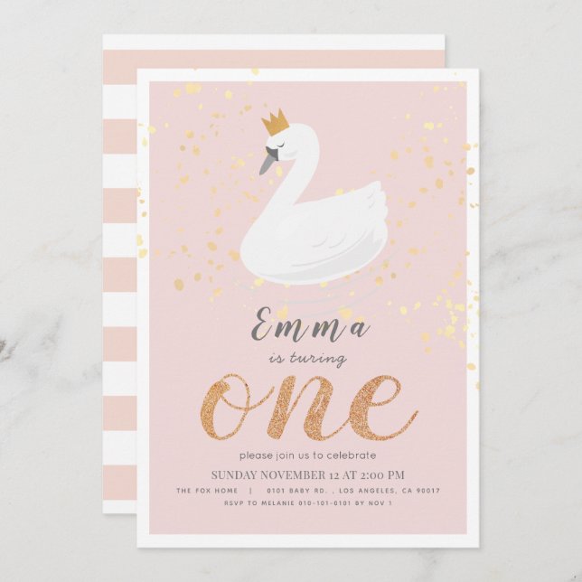 Swan Princess Pink Girl 1st Birthday Invitation (Front/Back)