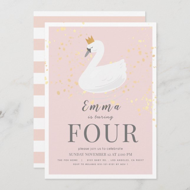 Swan Princess Pink Girl Birthday Invitation (Front/Back)