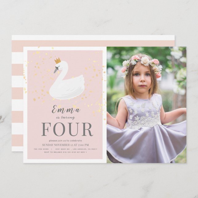 Swan Princess Pink Girl Photo Birthday Invitation (Front/Back)