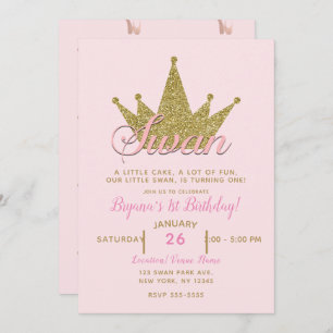 Swan Princess Pink & Gold Glitter Crown Birthday Invitation