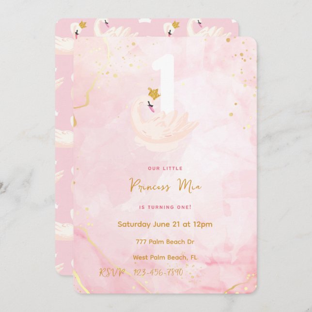 Swan Princess Pink & Gold Watercolor 1st Birthday  Invitation (Front/Back)