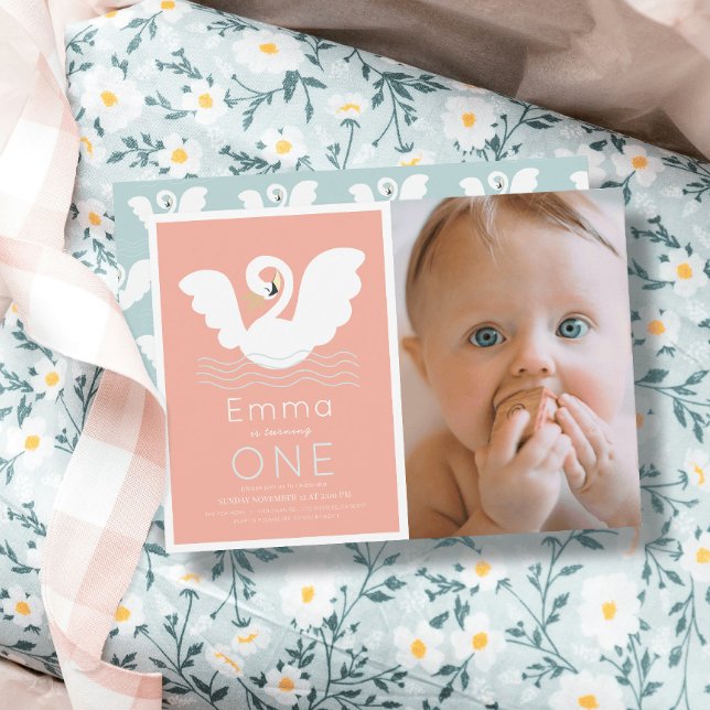 Swan Princess Pink Modern Girl 1st Birthday Photo Invitation (Creator Uploaded)