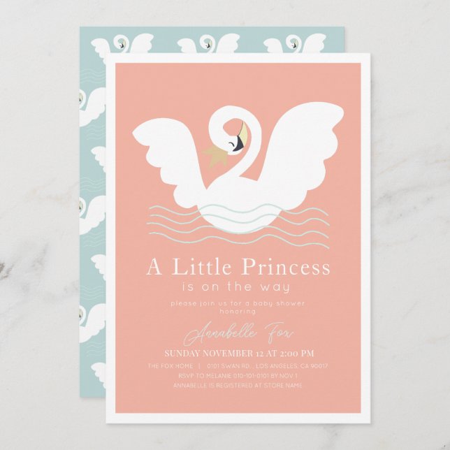 Swan Princess Pink Modern Girl Baby Shower Invitation (Front/Back)
