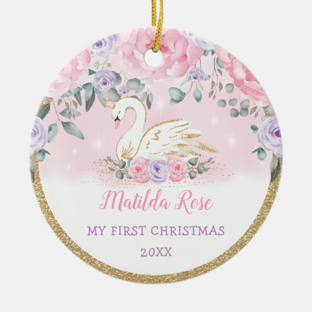 Swan Princess Pink Purple Baby First 1st Christmas Ceramic Ornament (Front)