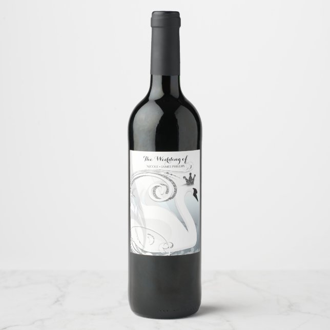 Swan Princess Silver & White Elegant Custom Wine Wine Label (Front)