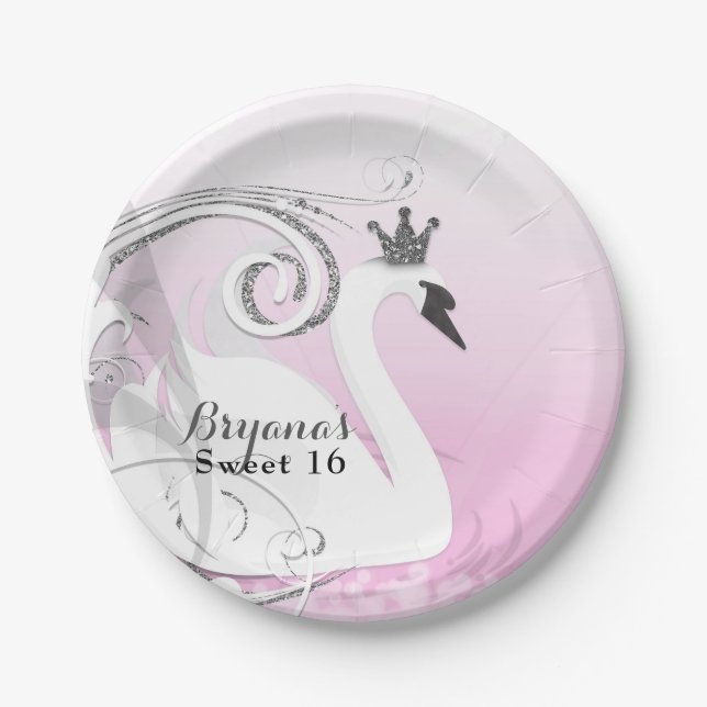 Swan Princess Silver White Pink Baby Shower Paper Plate (Front)