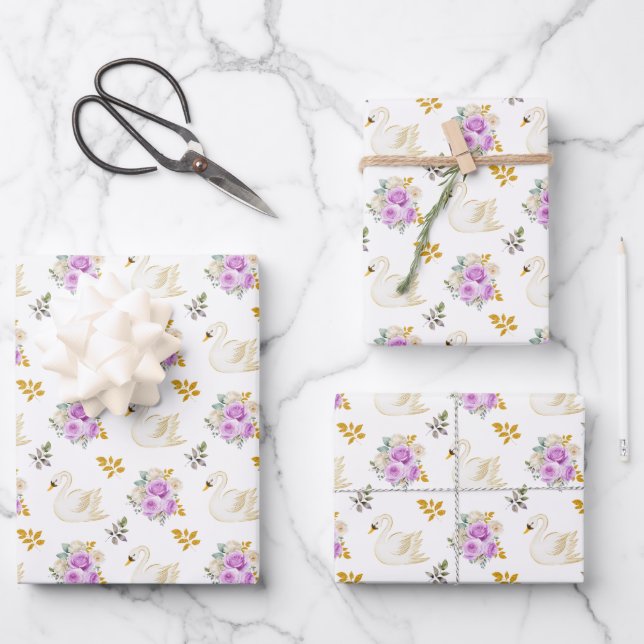 Swan Purple and Gold Floral Roses Wrapping Paper Sheet (Front)