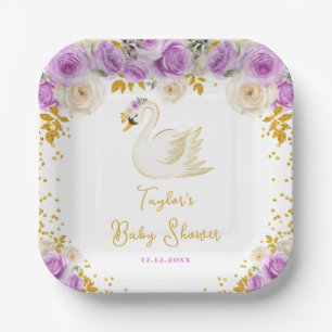 Swan Purple and Gold Roses Baby Shower Paper Plate