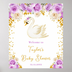Swan Purple and Gold Roses Baby Shower Welcome Poster
