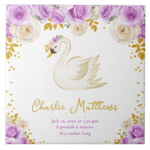 Swan Purple and Gold Roses Birth Statistics Ceramic Tile