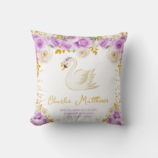 Swan Purple and Gold Roses Birth Statistics Cushion (Front)