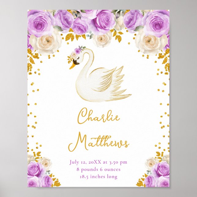 Swan Purple and Gold Roses Birth Statistics Poster (Front)