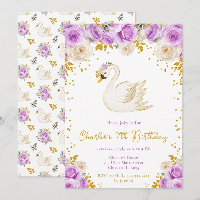 Swan Purple and Gold Roses Birthday Party Invitation (Front/Back)