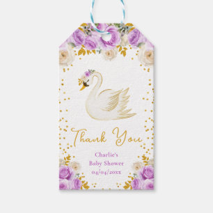 Swan Purple Gold Roses Baby Shower Thank You Gift Tags