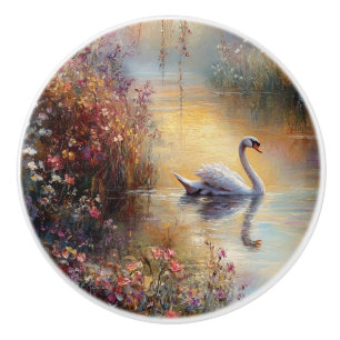 Swan Rustic Impressionist Painting Ceramic Knob