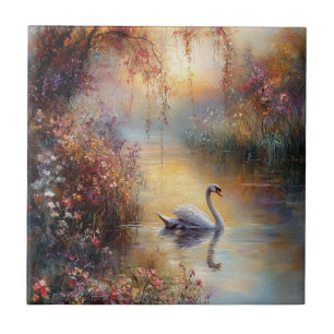 Swan Rustic Impressionist Painting Ceramic Tile