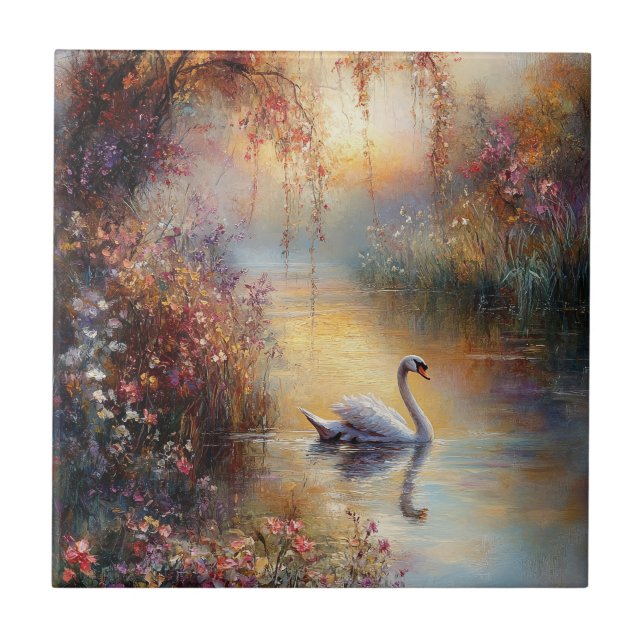 Swan Rustic Impressionist Painting Ceramic Tile (Front)