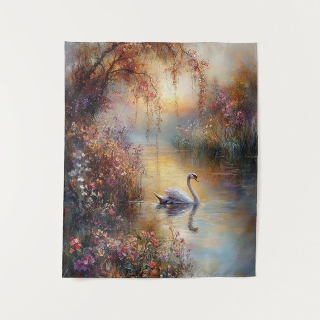 Swan Rustic Impressionist Painting Tapestry (Front)