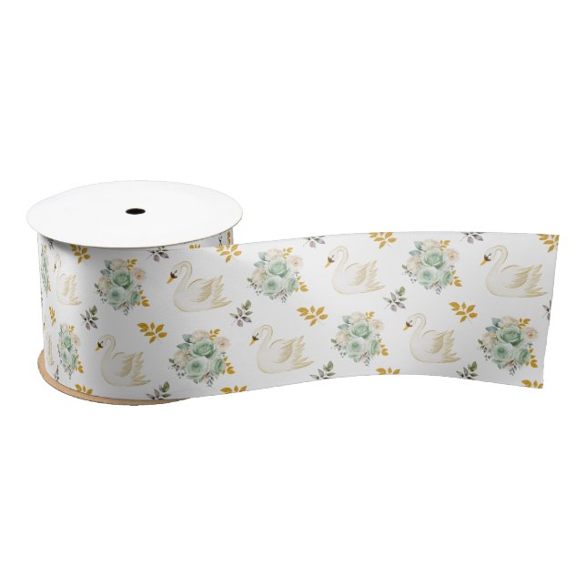 Swan Sage Green and Gold Floral Roses Satin Ribbon (Spool)