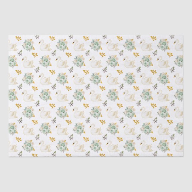Swan Sage Green and Gold Floral Roses Tissue Paper (Front)