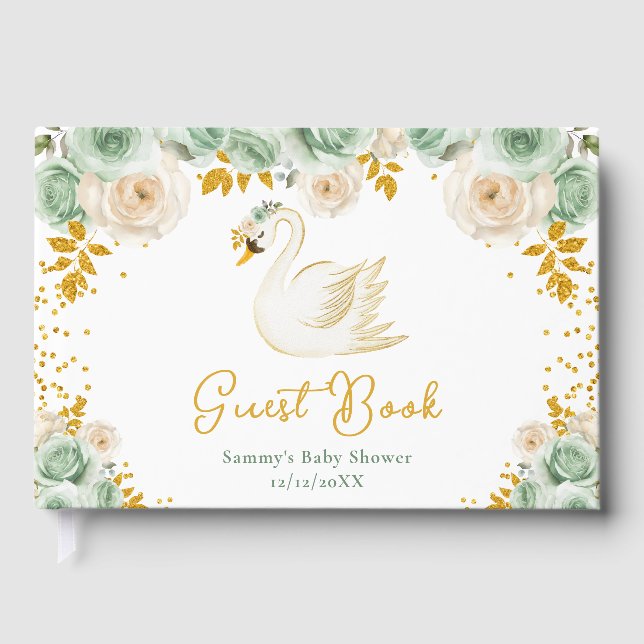 Swan Sage Green and Gold Roses Baby Shower Guest Book (Front)