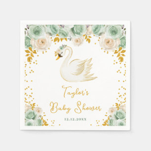 Swan Sage Green and Gold Roses Baby Shower Napkin
