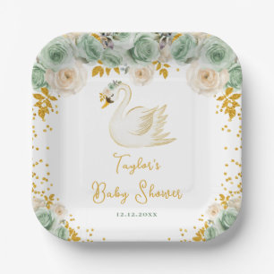Swan Sage Green and Gold Roses Baby Shower Paper Plate