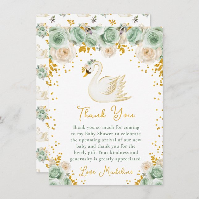 Swan Sage Green and Gold Roses Baby Shower Thank You Card (Front/Back)