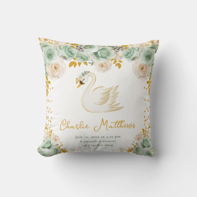 Swan Sage Green and Gold Roses Birth Statistics Cushion (Front)