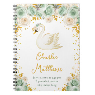 Swan Sage Green and Gold Roses Birth Statistics Notebook