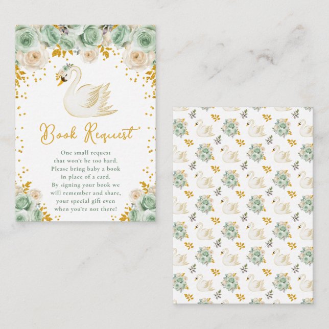 Swan Sage Green and Gold Roses Book Request Enclosure Card (Front/Back)