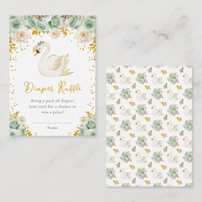 Swan Sage Green and Gold Roses Diaper Raffle Enclosure Card (Front/Back)