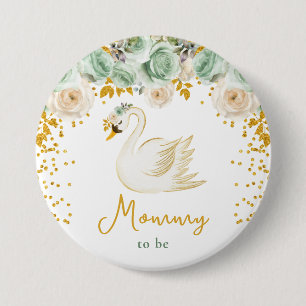 Swan Sage Green and Gold Roses Mummy To Be 7.5 Cm Round Badge