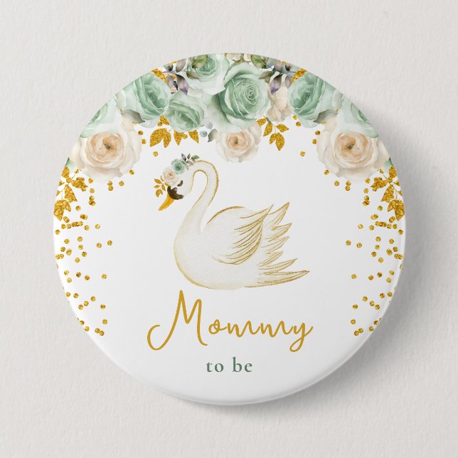 Swan Sage Green and Gold Roses Mummy To Be 7.5 Cm Round Badge (Front)