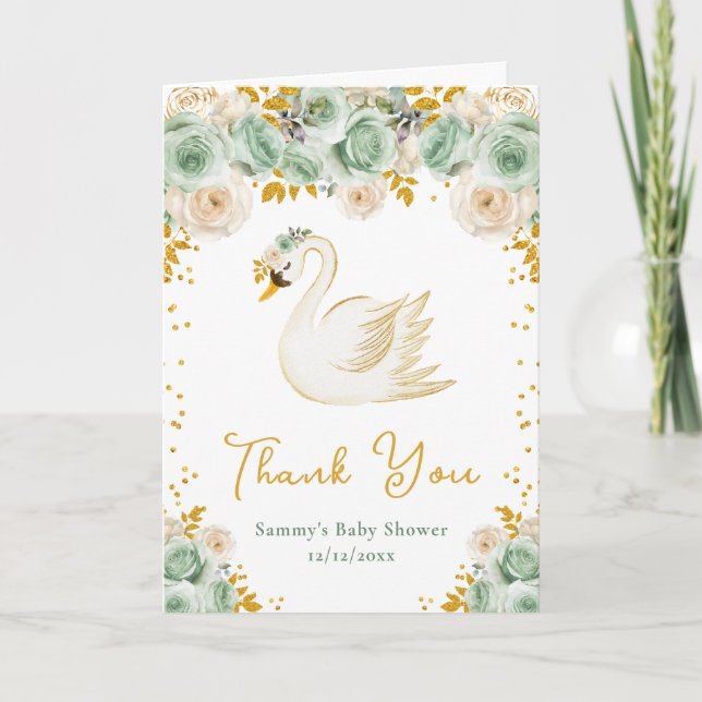 Swan Sage Green Gold Roses Baby Shower Thank You Card (Front)
